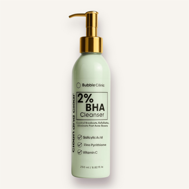 Salicylic acid cleanser with zinc pyrithione and vitamin c cleanser in Luxury pump bottle with gold pump and black label text listing prominent ingredients in the cleanser.