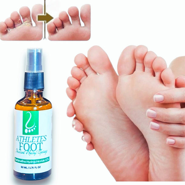 Before and after images of athlete's foot healing process after following use of natural Athlete's Foot Instant Relief Spray.