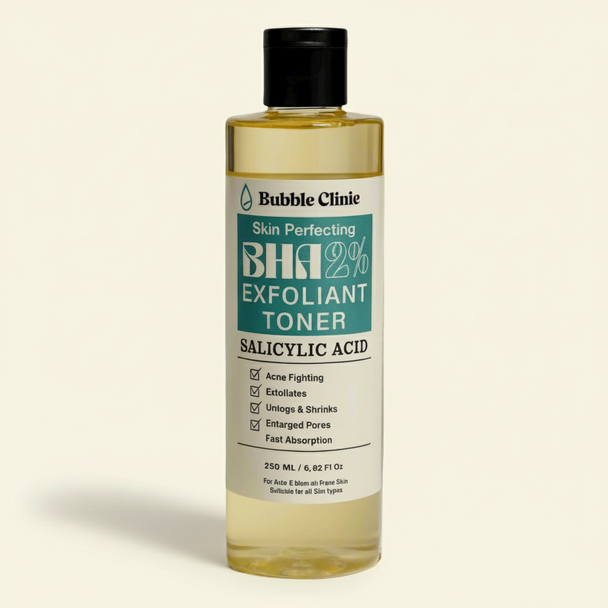 Bottle of Bubble Clinic Skin Perfecting BHA 2% Exfoliant Toner on a beige background representing best anti-acne skincare Australia.