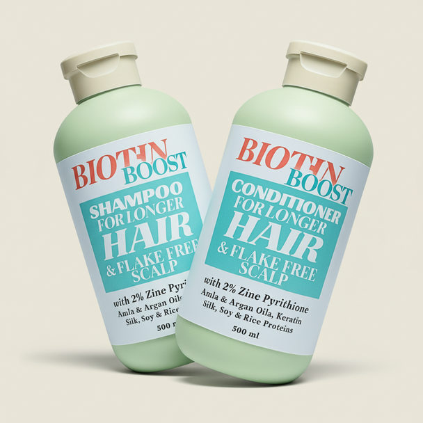 Biotin Boost anti dandruff shampoo and conditioner bottles on a light beige background representing natural australian anti dandruff haircare.