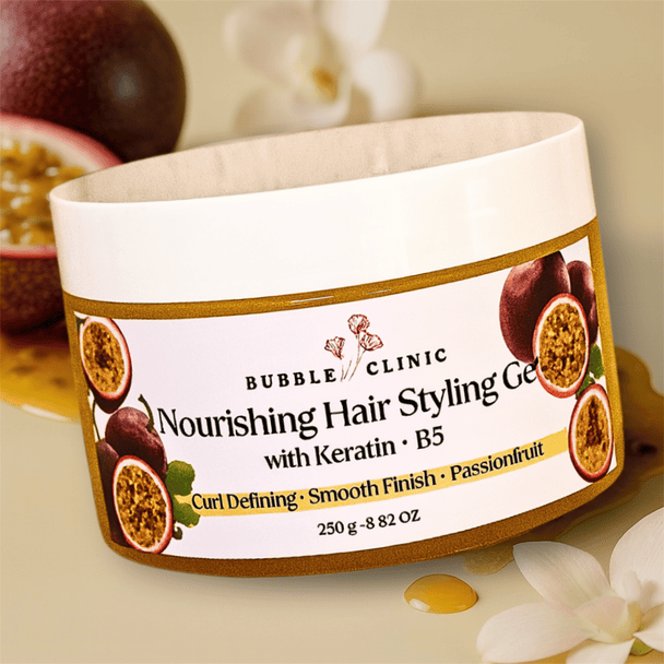 passionfruit natural hair styling gel jar with white lid and passionfruit in the background hightlighting natural scent and ingredients in this curl defining light hold hair gel