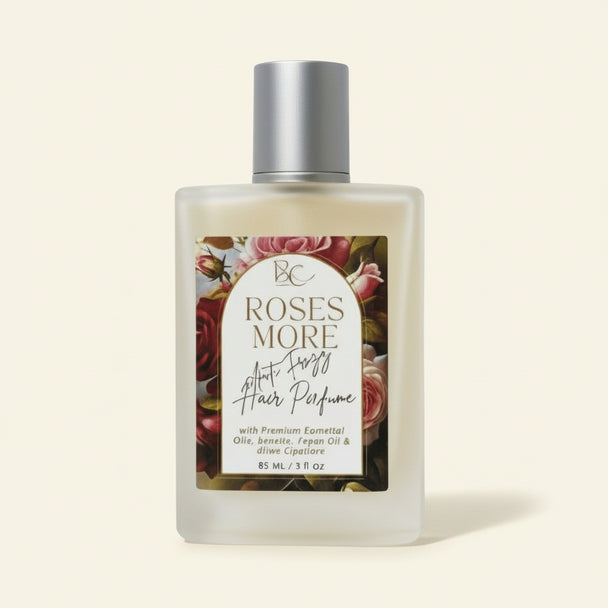 Luxury Hair perfume glass bottle with keratin, anti frizz hair perfume with keratin, with floral design on a white background