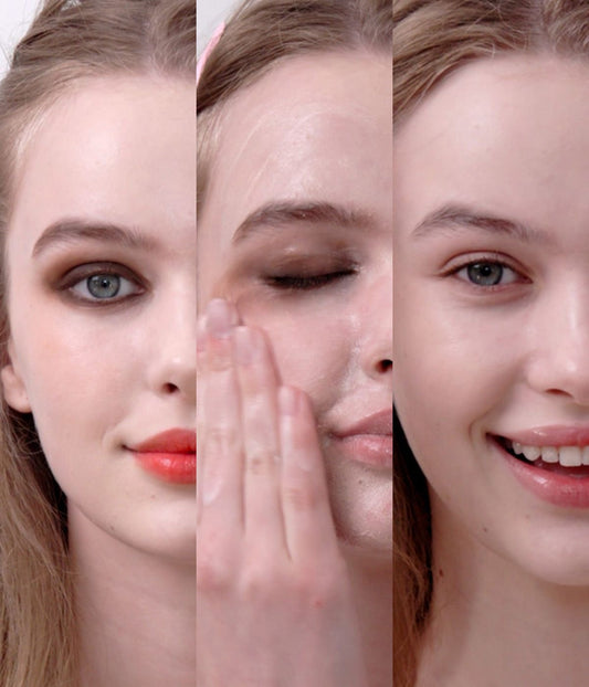 three stages of using cleansing balm shown, with full makeup, cleansing balm in action and final image is of clean moist skin representing clean beauty rituals.