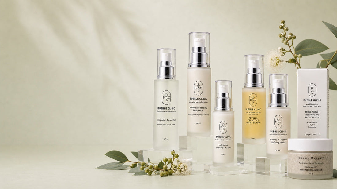 Bubble Clinic Australian Native Botanicals skincare collection with seven real products
