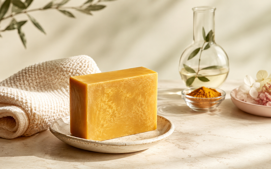 Kojic acid and turmeric soap bar with washcloth and botanical ingredients