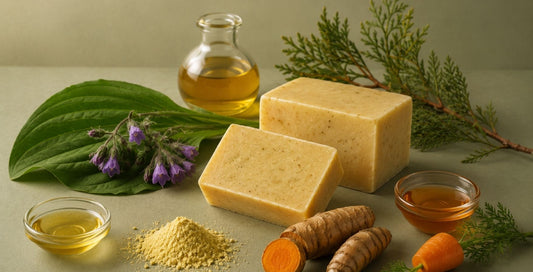 Natural sulphur soap bars with organic additives including comfrey, carrot root powder and turmeric for clear blemish free skin.