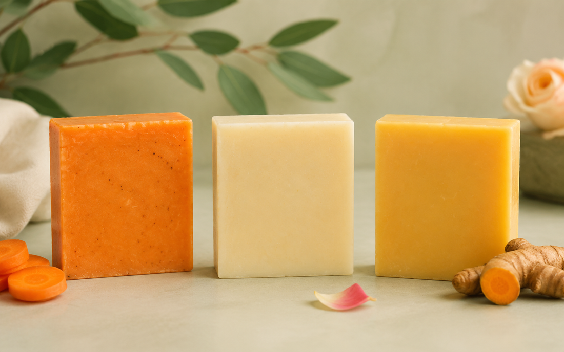 Carrot, conditioning and turmeric kojic acid soap formulas compared