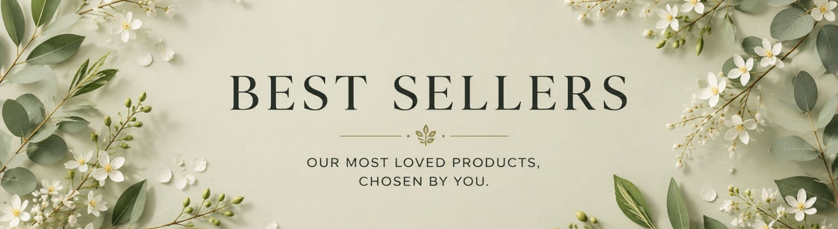 Best Sellers collection banner with signature botanical ingredients on a light muted sage background