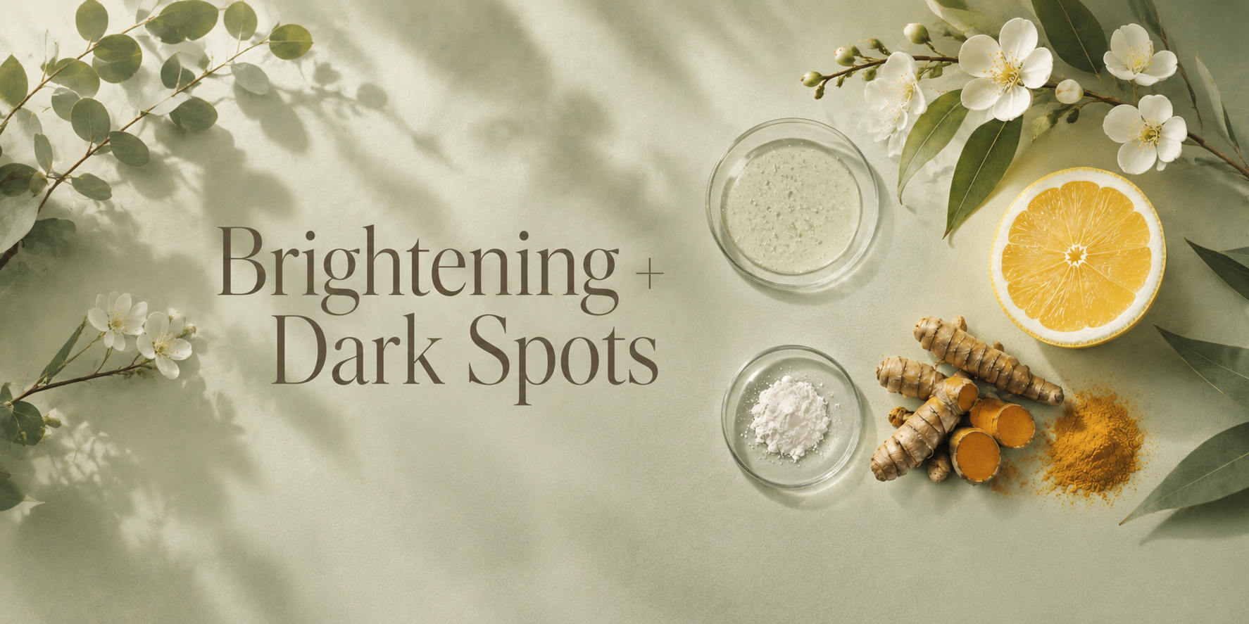 Brightening and Dark Spots skincare collection banner on a soft muted sage background with turmeric, citrus and botanical ingredients