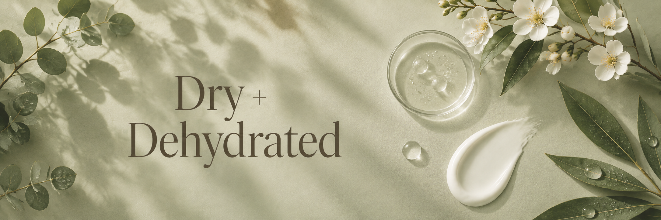 Dry and Dehydrated Skin collection banner on a soft muted sage background with hydrating gel, cream and botanical textures