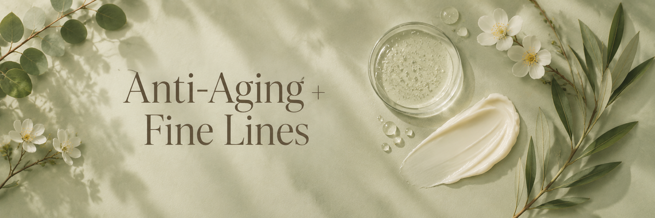Fine Lines and Mature Skin collection banner on a soft muted sage background with nourishing cream, serum and botanical textures