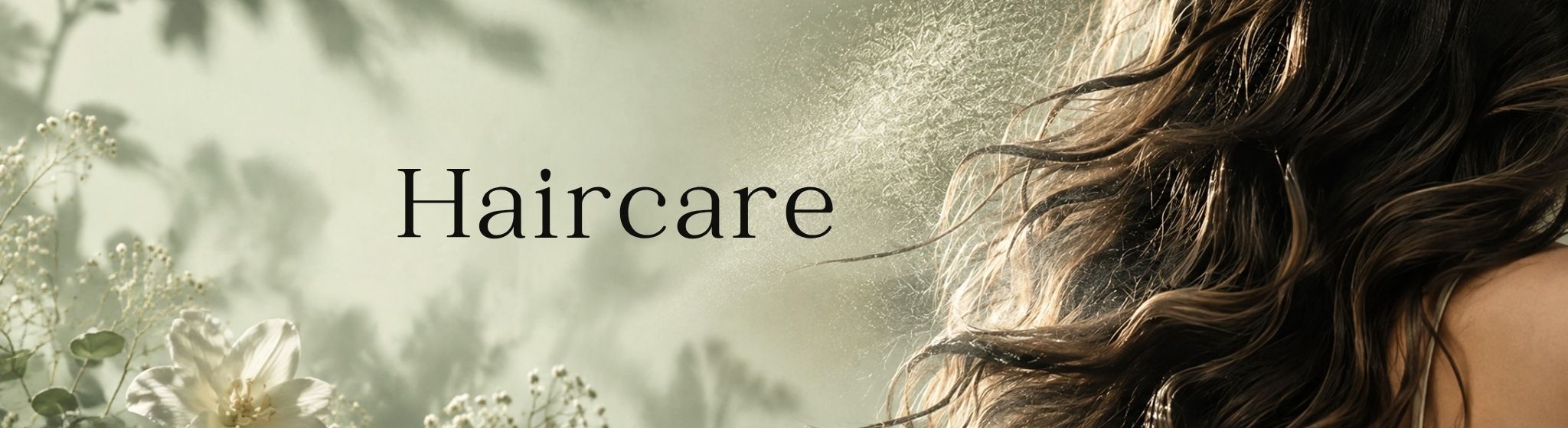 haircare collection banner sage background with botanicals and beautiful flowing hair.