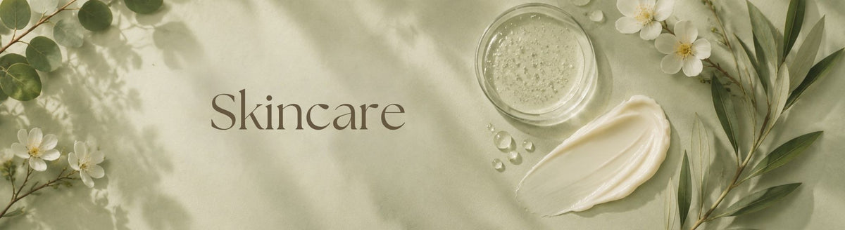 Skincare collection banner with botanical ingredients on a light muted sage background