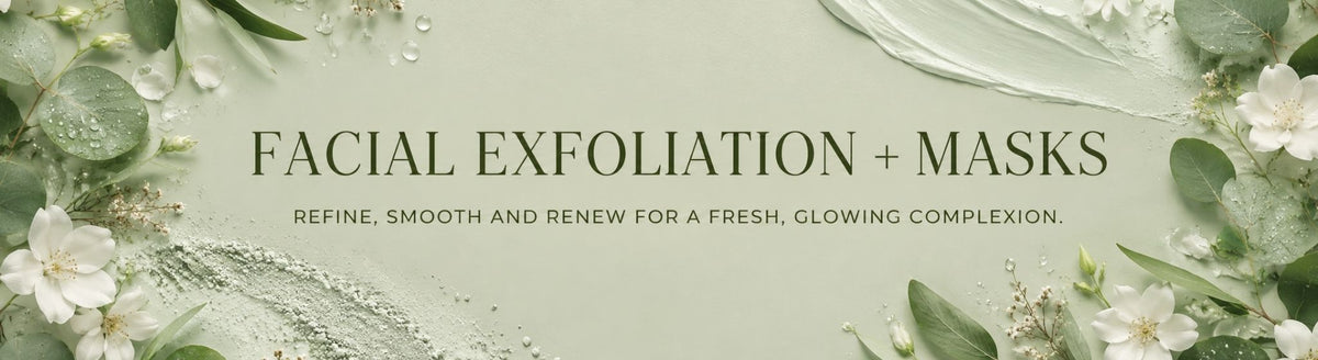 facial exfoliators and masks collection banner on sage background with natural exfoliating ingredients and botanicals.