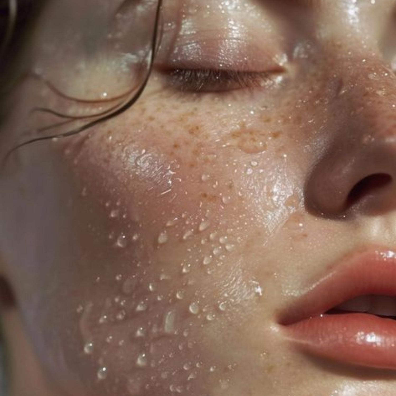 Close-up of a girl's face with liquid droplets on her skin, looking tranquil, hydrated, and satisfied, showcasing the refreshing effects of natural facial toners and mists.