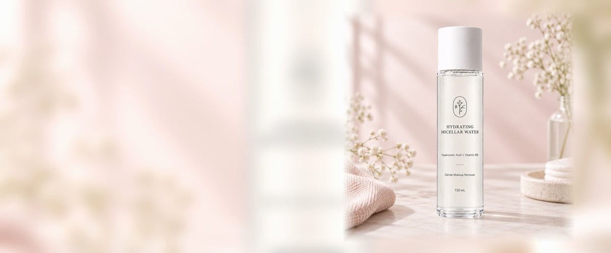 Bubble Clinic hydrating micellar water Australia collection banner with 150 mL bottle in a soft sage skincare setting