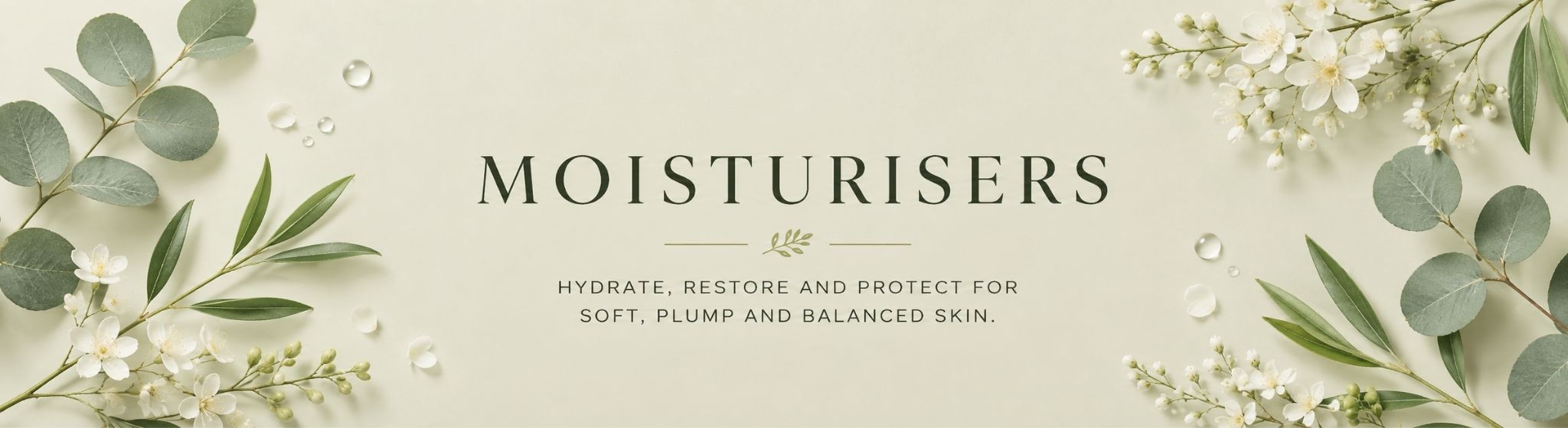 Moisturisers collection banner in a light muted sage botanical style