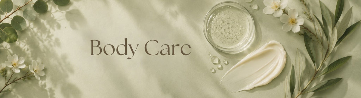Body Care collection banner with nourishing botanical ingredients on a light muted sage background