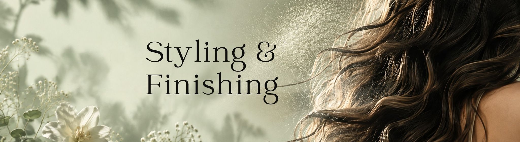 styling and finishing collection banner sage background with botanicals and beautiful flowing hair.