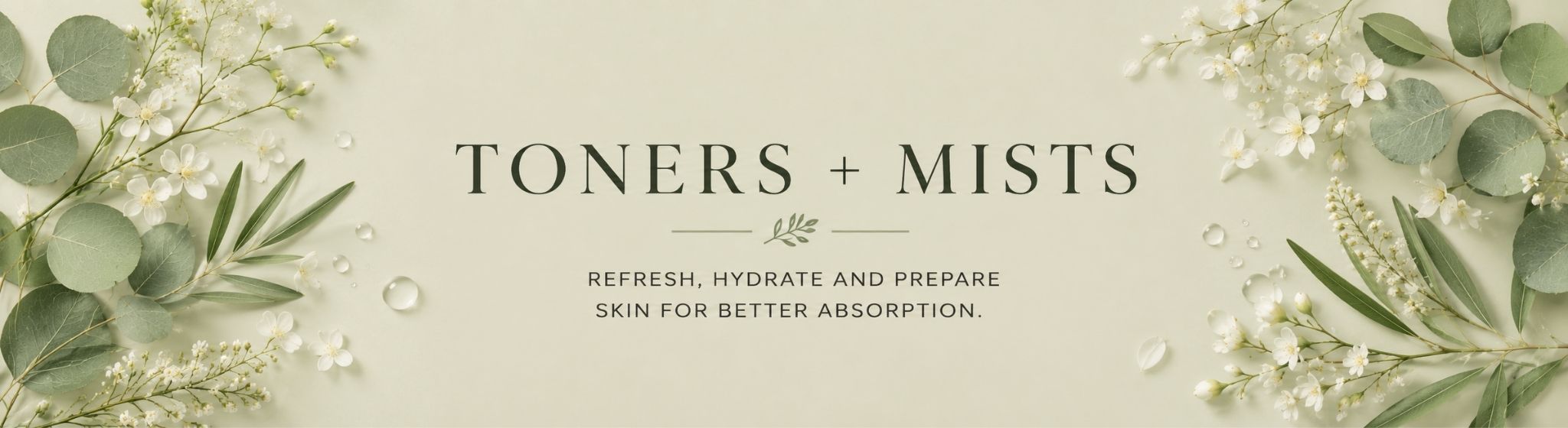 Face toners and facial mists Australia collection with hydrating and exfoliating skincare on a muted sage botanical background
