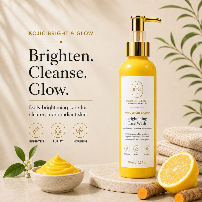 Brightening face wash with vitamin C, turmeric and 2% kojic acid in botanical skincare setting
