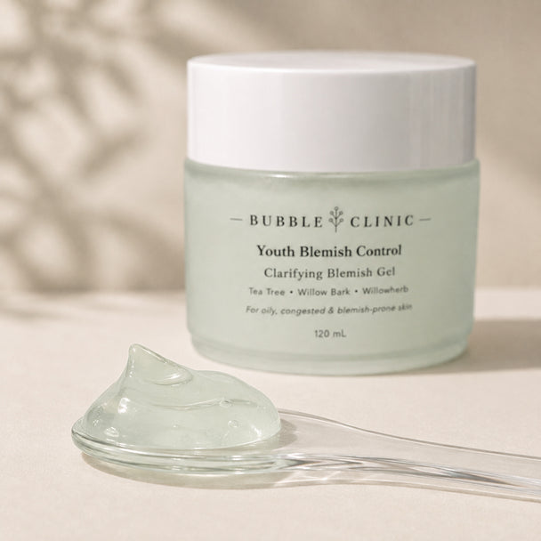 Pale green Clarifying Blemish Gel texture with tea tree, a fast-absorbing targeted gel for visible breakouts