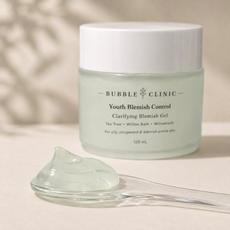 Pale green Clarifying Blemish Gel texture with tea tree, a fast-absorbing targeted gel for visible breakouts
