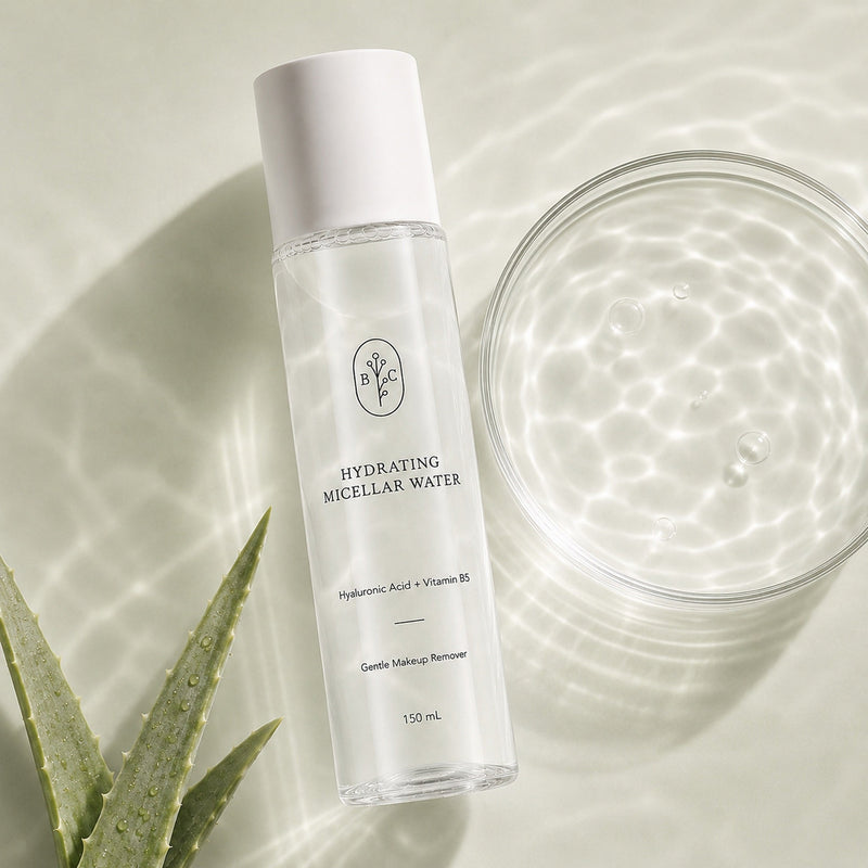 Clear micellar cleansing water with aloe vera and water ripple texture