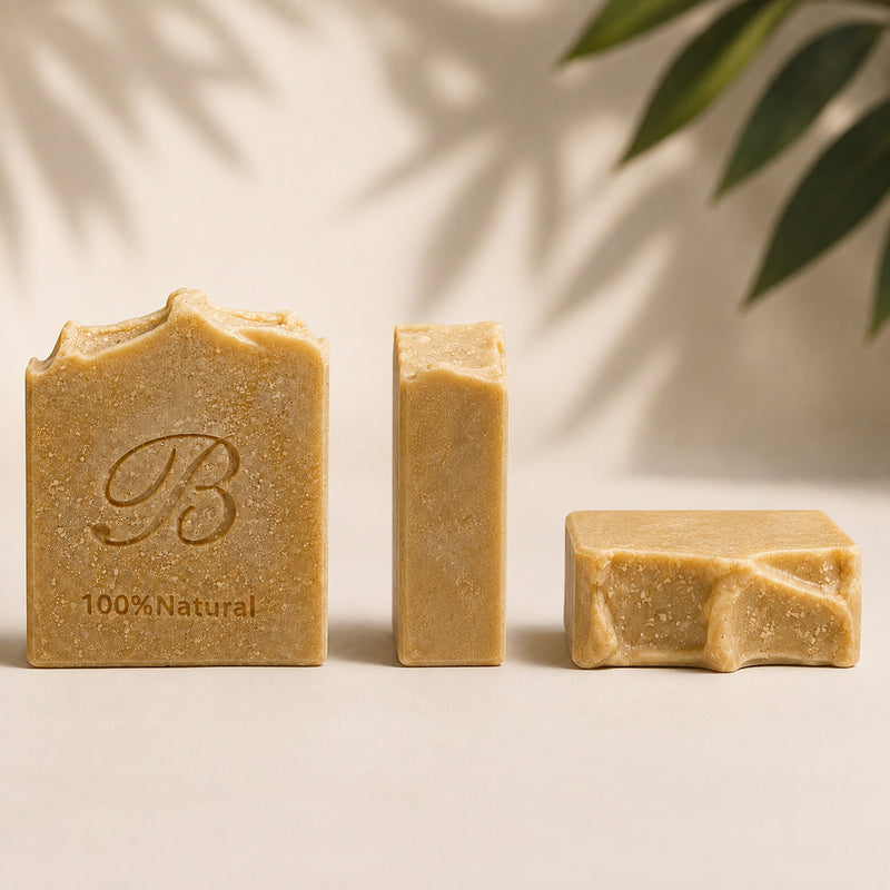 Handmade emu oil sulphur MSM soap shown from front side and top views