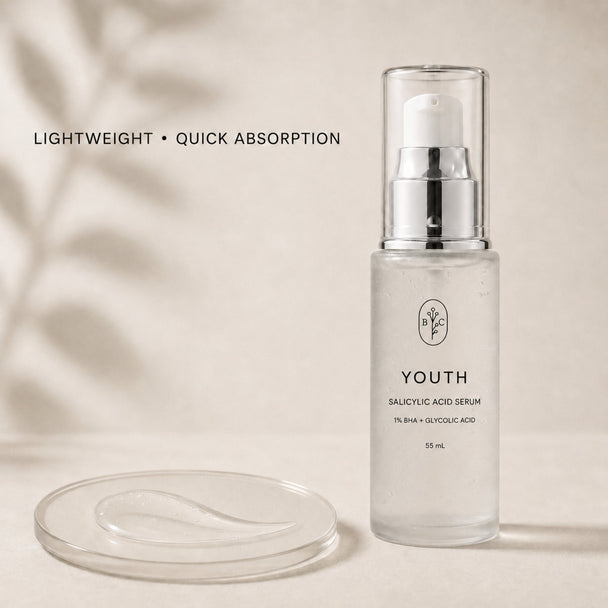 Lightweight salicylic acid serum texture for oily and acne-prone skin with quick absorption