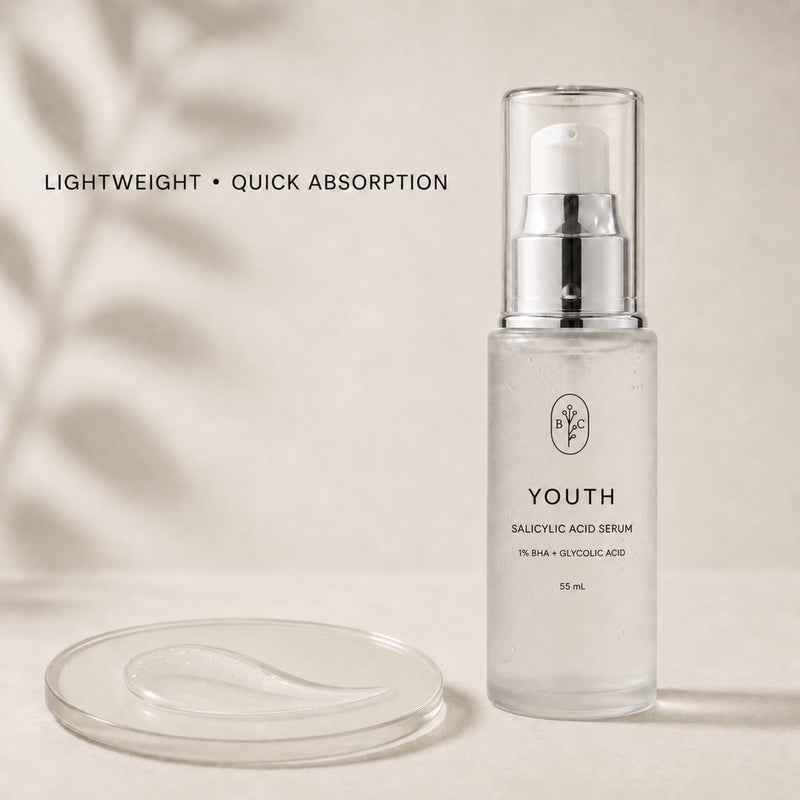Lightweight salicylic acid serum texture for oily and acne-prone skin with quick absorption