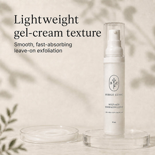 Creamy gel-cream texture of Bubble Clinic Multi-Acid Resurfacing Lotion lying flat in a glass dish