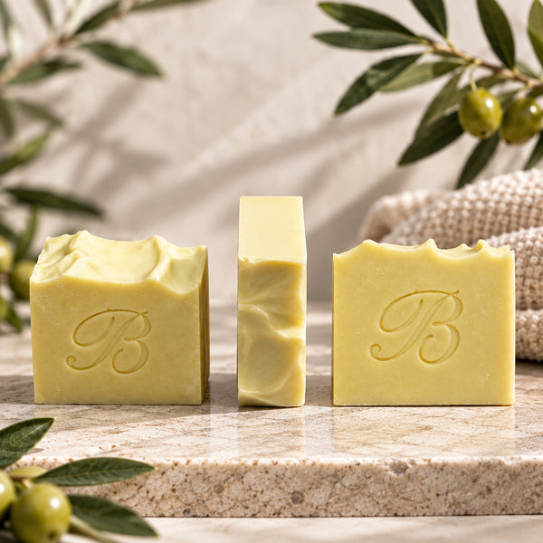 Pure olive oil Castile soap shown front side and profile with handcrafted texture