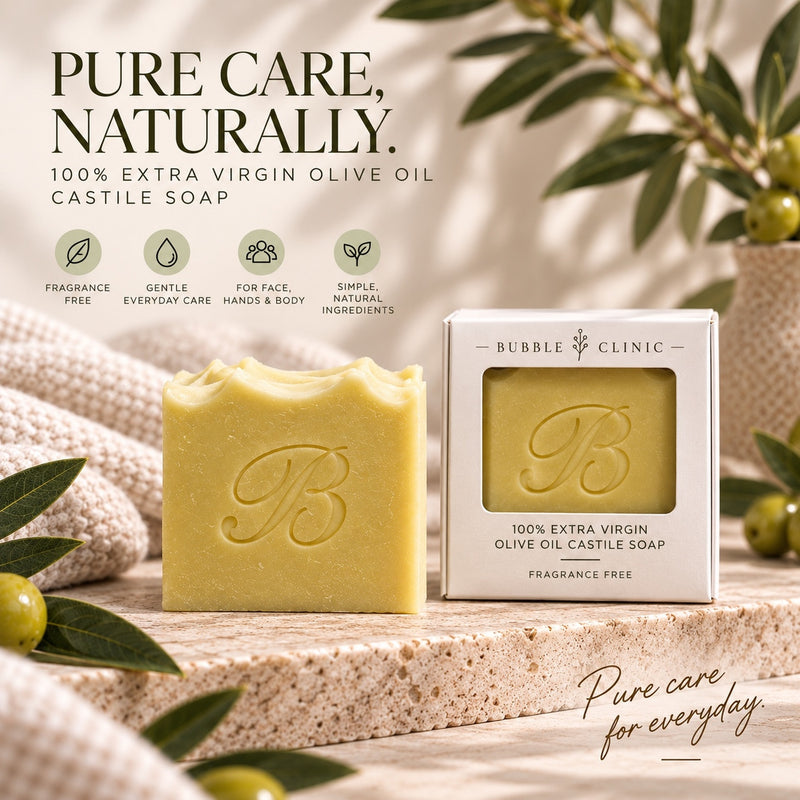 Fragrance free 100% extra virgin olive oil Castile soap with Bubble Clinic window box