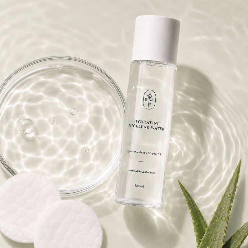 Hydrating micellar water with cotton pads for lightweight makeup removal
