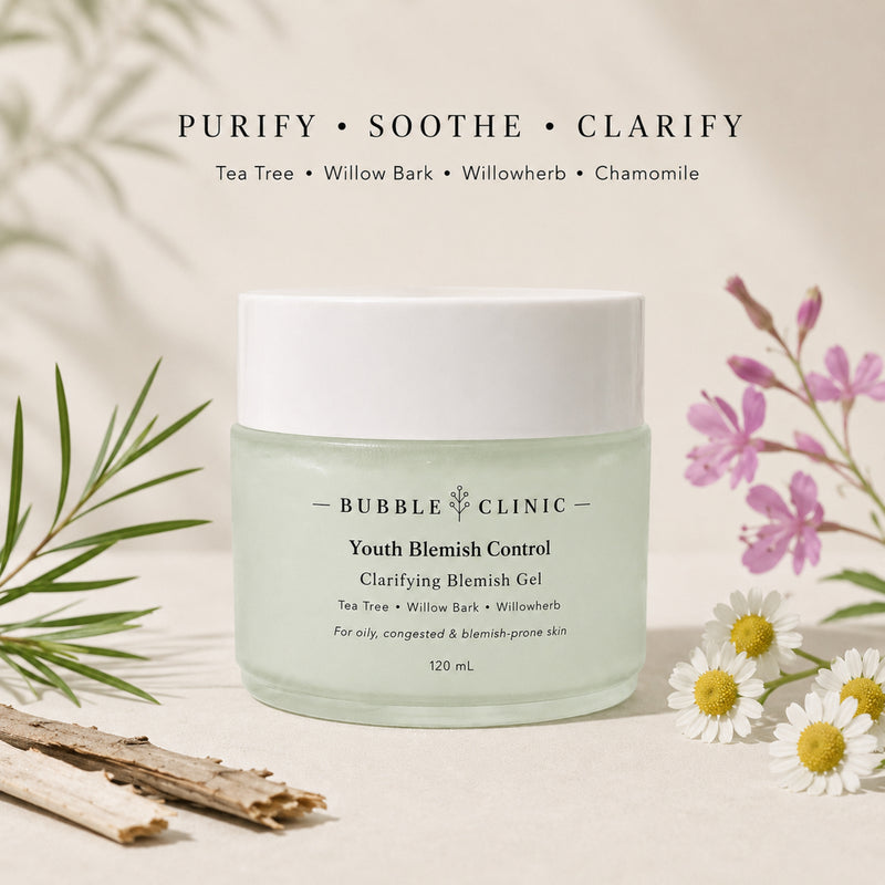 Tea tree, willow bark, willowherb and chamomile ingredients in Bubble Clinic Clarifying Blemish Gel