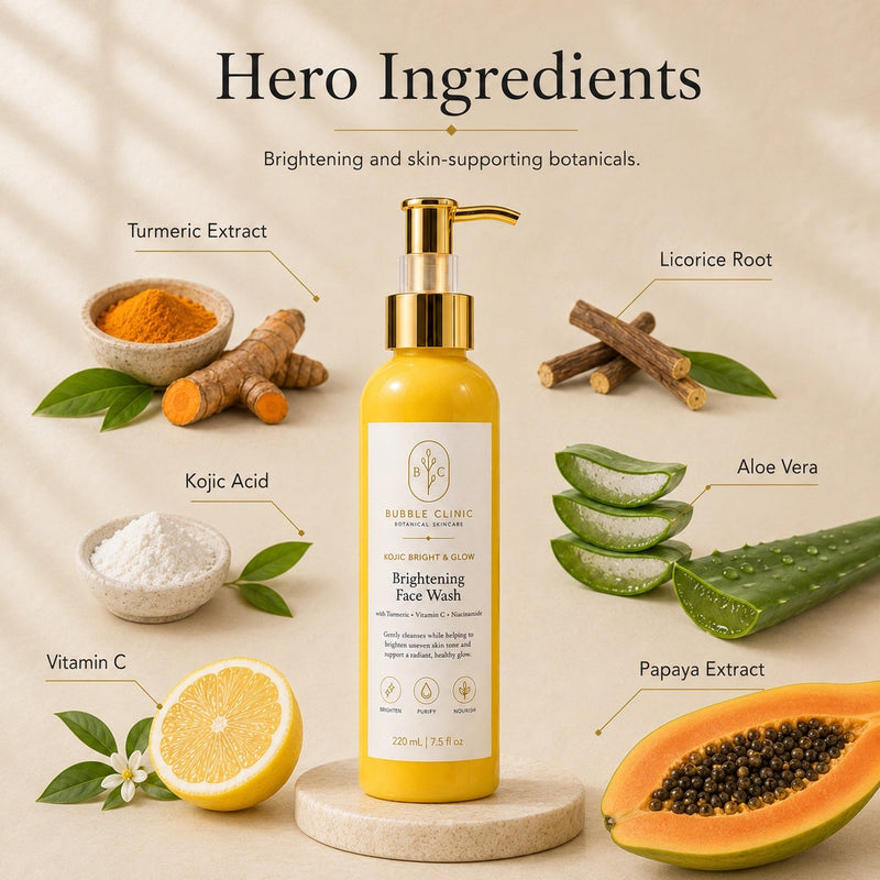 Vitamin C brightening cleanser ingredients with turmeric, 2% kojic acid, aloe vera and chamomile