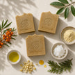 Emu oil sulphur MSM soap flat lay with natural oils sea buckthorn sulphur and botanical ingredients