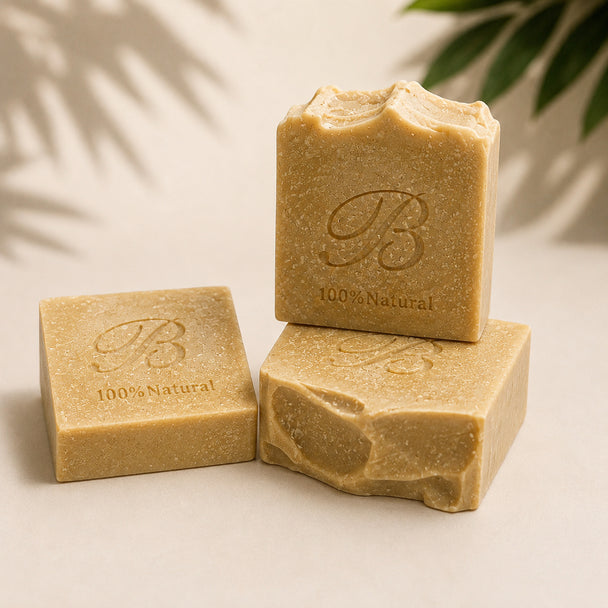 Three emu oil sulphur MSM soap bars showing natural handmade texture and shape