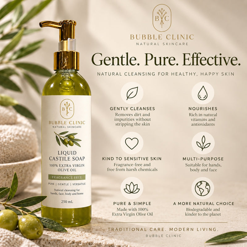 Liquid Castile soap key benefits, 100% extra virgin olive oil fragrance-free formula