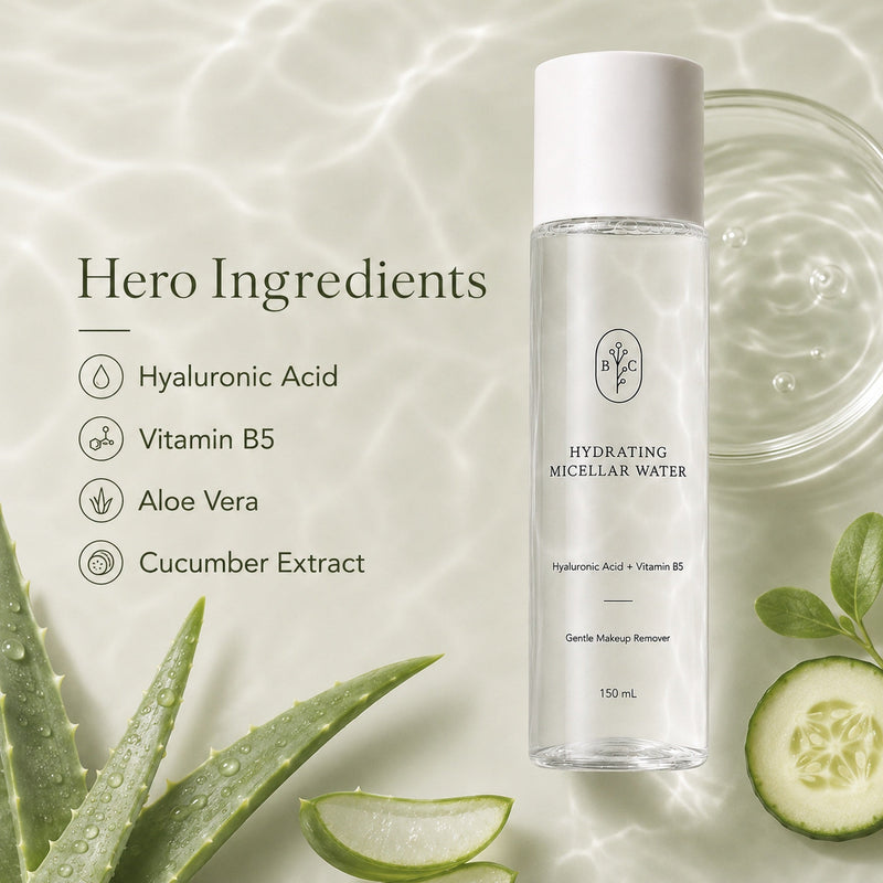 Micellar water hero ingredients with hyaluronic acid vitamin B5 aloe vera and cucumber