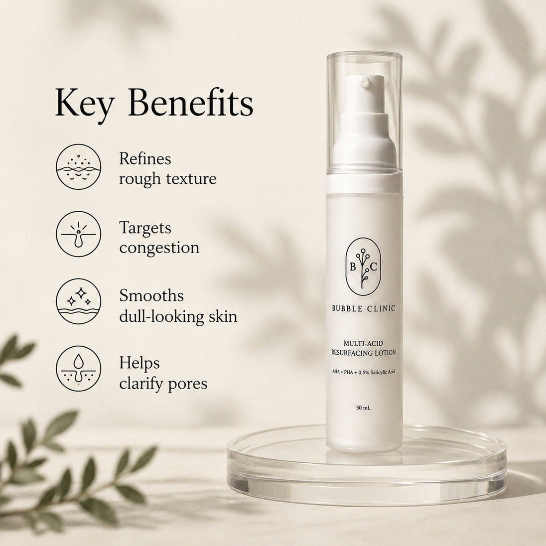 Bubble Clinic AHA PHA salicylic acid resurfacing lotion benefits for rough texture, congestion, dull skin and pores