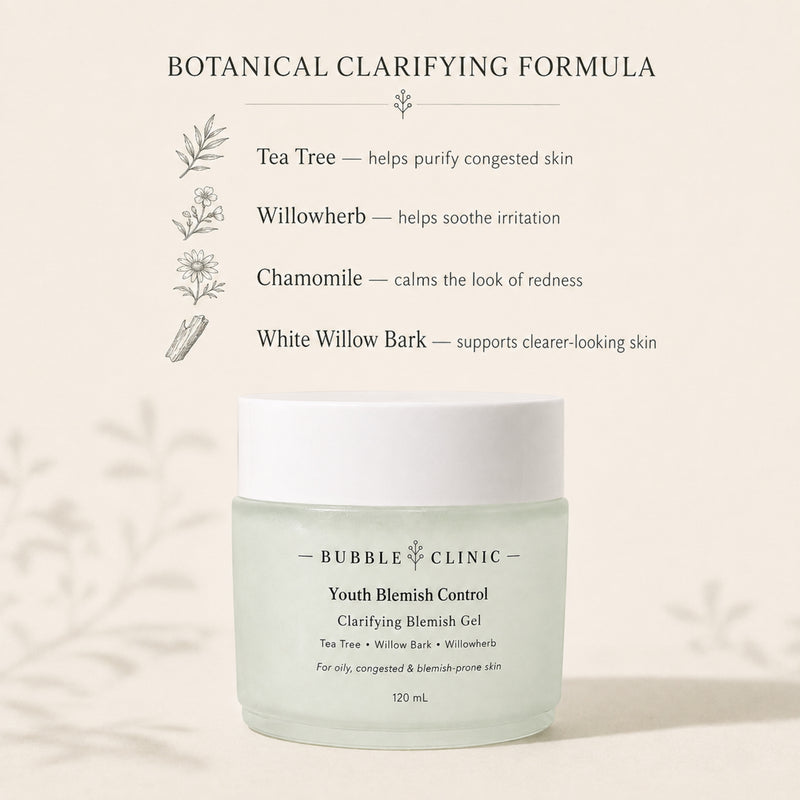 Botanical clarifying formula with tea tree, willowherb, chamomile and white willow bark for breakout-prone skin
