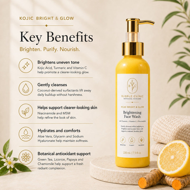 Brightening face wash benefits with vitamin C, turmeric, niacinamide and hydrating ingredients