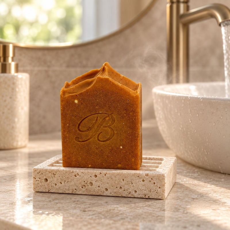 Kojic acid turmeric and carrot face and body soap on a draining stone dish