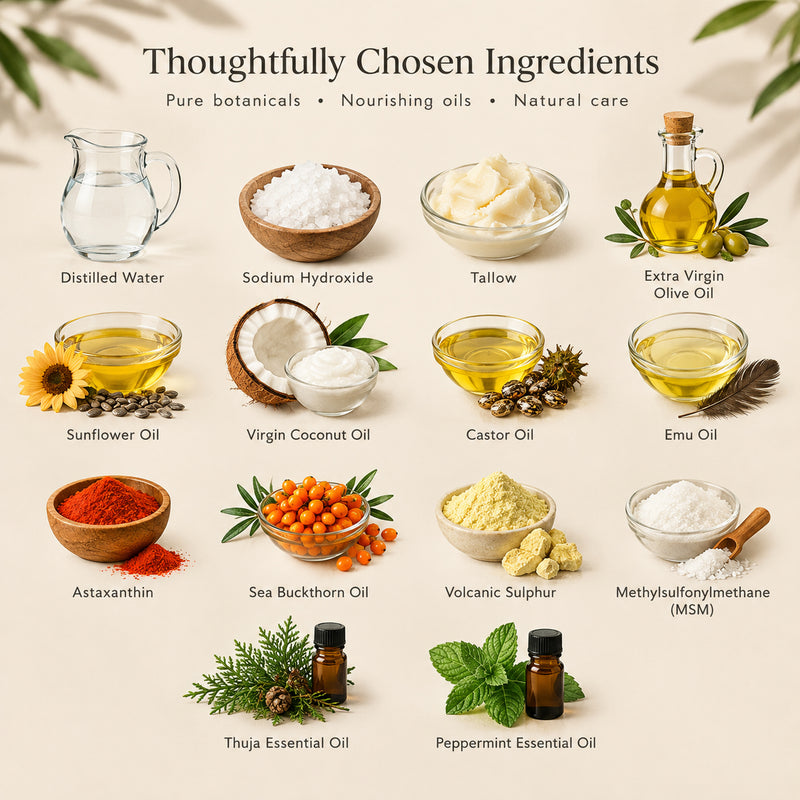 Emu oil sulphur MSM soap ingredients with tallow olive oil sea buckthorn astaxanthin and essential oils