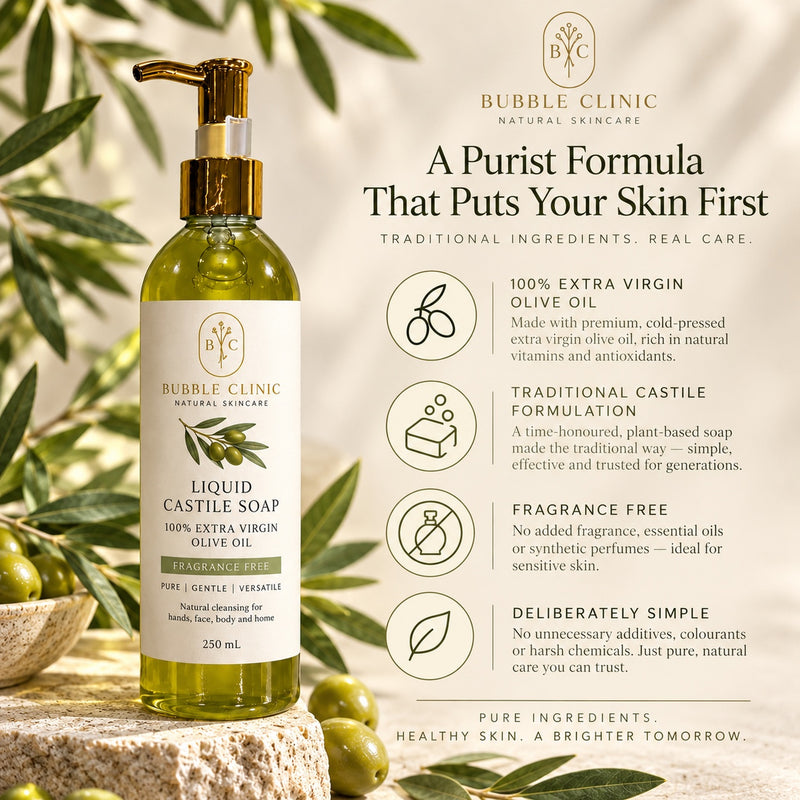 Traditional Castile soap formula made with 100% extra virgin olive oil