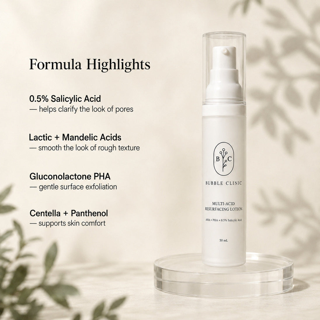Multi-Acid Resurfacing Lotion formula highlights with 0.5% salicylic acid, lactic and mandelic acids, gluconolactone PHA, Centella and panthenol