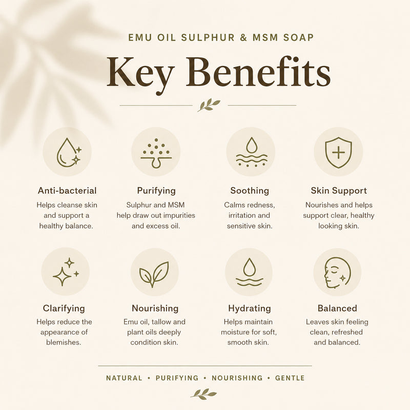 Emu oil sulphur MSM soap benefits for purifying clarifying nourishing and balanced skin care