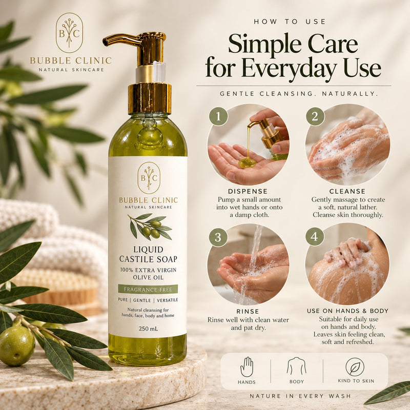 How to use Bubble Clinic liquid Castile soap for hands and body